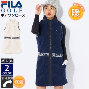 FILA GOLF フィラゴルフ ゴルフウェア ワンピース レディース ボア ジップアップ ブランド ロゴ 秋 冬 蓄熱 保温 防寒 ストレッチ 伸縮性 防寒対策 ジャガードボア素材 脚長効果 おしゃれ 白 紺 2024FW outfit