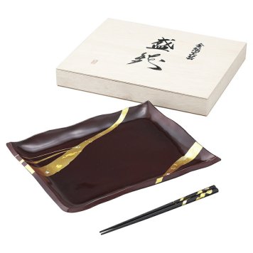 【ギフト対応無料】純金箔工芸 溜塗 金彩 なごみ盛器(金雲箸付)(木箱入) ※送料無料(北海道・沖縄は除く)