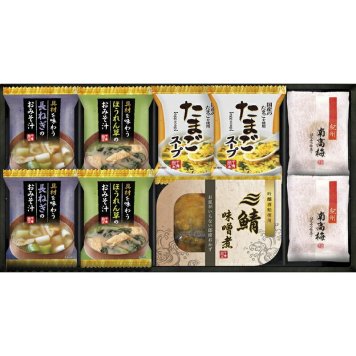 夏の贈り物お中元三陸産煮魚＆フリーズドライ・梅干しセット たまごスープ（6.4g）・具材を味わうおみそ汁（長ねぎ・ほうれん草）・紀州南高梅×各2、三陸産鯖の味噌煮（100g）×1