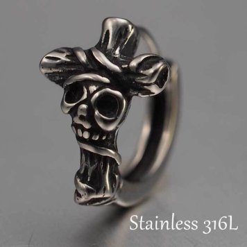 シルバーピアス スカル×クロス フープ（中折れ）ピアス 金属アレルギー対応ステンレス1P 片耳用 片方 シングル 骸骨 ドクロ 髑髏 輪 リング 輪っか 黒 ブラック アラベスク 男性用 アクセサリー かっこいい【全品1個ずつバラ売り】 プレゼント