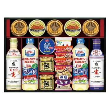 実りの秋の贈り物 キッコーマン&アマノフーズ&日清オイリオ バラエティセット 宝幸貝柱水煮ほぐし身（65g）×3、日清ヘルシーオフ（600g）･ニッスイ紅ずわいがにほぐし身（55g）･鮭ほぐし（50g）･アマノフーズ減塩いつものおみそ汁なす（9g）･アマノフーズ減塩いつも