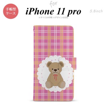 iPhone11Pro iPhone11 Pro 手帳型スマホケース カバー くま チェック レース ピンク  nk-004s-i11p-dr756
