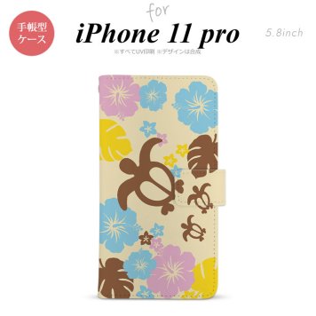 iPhone11Pro iPhone11 Pro 手帳型スマホケース カバー ホヌ ハイビスカス 黄色  nk-004s-i11p-dr1105