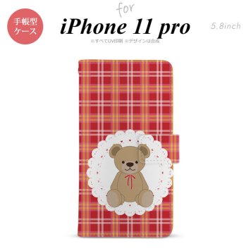 iPhone11Pro iPhone11 Pro 手帳型スマホケース カバー くま チェック レース 赤  nk-004s-i11p-dr755