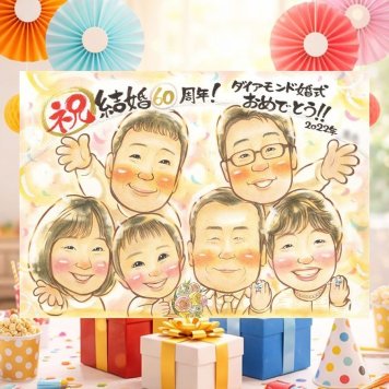 ダイヤモンド婚式のプレゼントに、似顔絵という特別な贈り物をお届け。修正無料・下書き確認付き。安心してご注文いただけます。 似顔絵 結婚記念日 プレゼント 名入れ 贈り物 手描き ギフト ダイヤモンド婚式 結婚記念日 金婚式 大人数 おじいちゃん 祖母 家族 おばあちゃん 夫婦 下書き確認 修正無料 名入れ 似てる 親孝行 そっくり 一生もの 結婚60周年 親孝行 長寿 感謝 ダイヤモンド婚式
