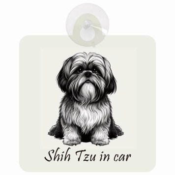 Shih Tzu シーズー Bタイプ 車 窓ガラス 吸盤タイプ 犬 かっこいい おしゃれ イラスト付 DOG IN CAR ドッグインカー ドッグオンボード 安全対策 セーフティサイン デコ 外出 ドライブ カーサイン 吸盤