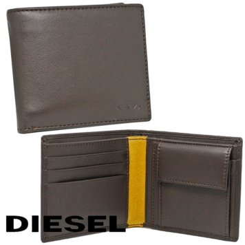 DIESEL ディーゼル 財布 ２つ折り 小銭入れ レザー 本革 ブラウン イエロー X08424 P0685 H9031 新品 無料ラッピング可