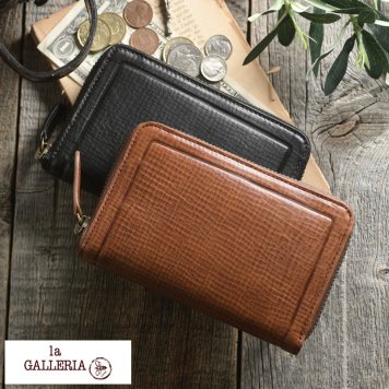 青木鞄 la GALLERIA Valigia 角モミシボ 牛革 縦型 小銭入れ付き ラウンドジッパー 二つ折財布 