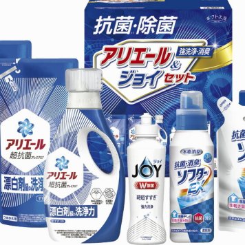 春の贈り物便り抗菌除菌・アリエール＆ジョイセット ギフト工房 P&Gアリエールジェル詰替用（405g）×2、P&Gアリエールジェル（720g）・抗菌消臭ソフターEX・抗菌消臭ソフターEX詰替用（各350g）・P&G除菌ジョイ（170ml）×各1