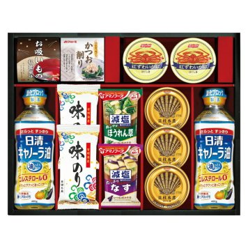 実りの秋の贈り物 日清キャノーラ油&アマノフーズバラエティセット 宝幸貝柱水煮ほぐし身65g（固形量35g）×3、日清キャノーラ油400g･有明海産味のり（8切5枚）･ニッスイ紅ずわいがにほぐし身55g×各2、アマノフーズ減塩いつものおみそ汁なす9.0g･アマノフーズ減塩