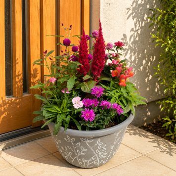 季節の寄せ植え リーフ柄 軽量プラスチック鉢 内径24cm  （グレー・4色展開）６～7種類のお花で構成 ラッピング不可 ギフトメッセージOK