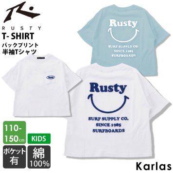 Tシャツ キッズ ジュニア 半袖 子供服 男の子 女の子 RUSTY ラスティ サーフブランド 春 夏 ロゴ刺繍 バックプリント 胸ポケット付き クルーネック ニコちゃん スマイル トップス 110cm120cm 130cm 140cm 150cm 2024SS karlas