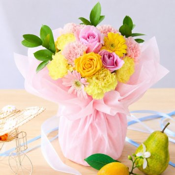 そのまま飾れるブーケ Mサイズ 花 花束 クリスマス 退職 入学 お返し ギフトお返し 誕生日プレゼント 送料無料 土日OK ブルーミー バラ 花瓶・水いらず スタンディングブーケ プチギフト まだ間に合う