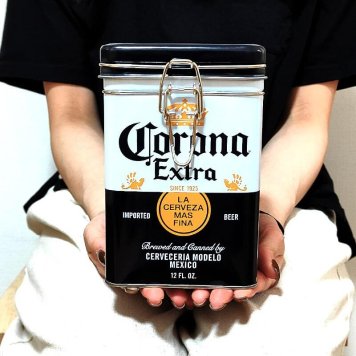 小物入れ コロナ 蓋付き キャニスター 収納 アメリカン おしゃれ 角型 保存容器 CORONA ビール ロゴ 缶 インテリア 雑貨 かわいい 正規ライセンス品 四角 ブリキ カフェ バー 店舗