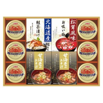 夏の贈り物お中元 山海の幸詰合せ 紅ずわいがにほぐし身（55g）×6、甘海老みそ汁（7.5g×3袋）×2、北海道産鮭茶漬け（4g×3袋）･永谷園松茸風味お吸い物（2.3g×4袋）×各1