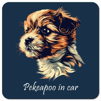 イラスト付 Dog in Car ペキプー Aタイプ カーサイン 車 マグネットステッカー 犬 マグネット 強力 13x13cm 正方形 おしゃれ かわいい ドラレコステッカー 安全対策 危険運転 煽り運転 アニマル 動物 犬種別 屋外 防水 屋内