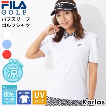 FILA GOLF フィラゴルフ ゴルフウェア シャツ 半袖 パフスリーブ 春 夏 レディース 接触冷感 ひんやり 吸汗速乾 ドライ UVカット 紫外線対策 スポーツブランド ロゴ おしゃれ かわいい M L LL 白 2024ss karlas