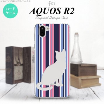 AQUOS R2 アクオス アール2 SH-03K SHV42 専用 スマホケース カバー ハードケース 猫 ボーダー青ピンクA nk-r2-965[スマホ,スマホケース,スマホカバー,ケース,カバー,ジャケット]