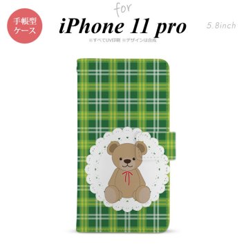 iPhone11Pro iPhone11 Pro 手帳型スマホケース カバー くま チェック レース 緑  nk-004s-i11p-dr757
