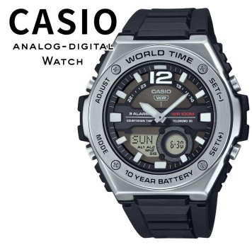 箱なし カシオ 腕時計 メンズ ブラック シルバー アナデジ CASIO 海外モデル 10年電池 100m防水 ワールドタイム ストップウォッチ タイマー アラーム スポーツ プレゼント ギフト 成人 卒業 入学