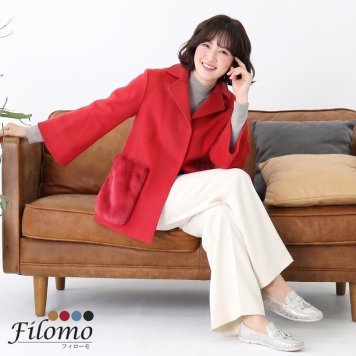 Filomo/フィローモ loro piana カシミヤ混 ウールコート ファーポケット付き レディース ミンク コペンハーゲン 冬 着丈68cm テーラーカラー キャメル/レッド/ブルー/ブラック ギフト プレゼント 卒業式 入学式 母 7F (02000235r)