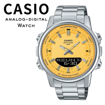 箱なし カシオ 腕時計 メンズ アナデジ イエロー マスタードイエロー 黄文字盤 シルバー 10年電池 50m防水 ワールドタイム ストップウォッチ タイマー アラーム LEDライト 海外モデル 逆輸入 プレゼント ギフト 成人 卒業 入学
