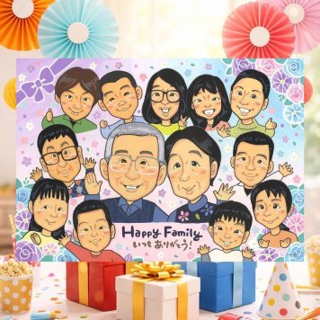 誕生日のプレゼントに、飾って楽しめる似顔絵をお届けします。 ギフト 感謝 似顔絵 プレゼント 手描き 名入れ 贈り物 誕生日 お祝い 記念 家族 記念日 大人数 祖母 両親 祖父 ご両親 家族 修正無料 名入れ 下書き確認 かわいい 喜ばれる サプライズ 実績多数 一生もの 宝物 家族 色紙 おしゃれ 喜寿祝い 卒寿祝い 白寿祝い 二次会 百寿祝い ハロウィン 大量注文 闘病中の方への励まし