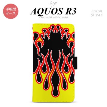 SH-04L/SHV44 AQUOS R3 手帳型スマホケース カバー ファイヤー 炎 黒 黄  nk-004s-r3-dr1301