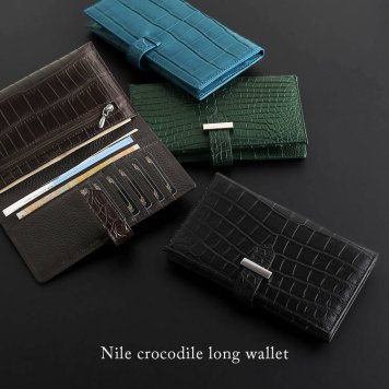 クロコダイル財布 メンズ 長財布 二つ折り ナイルクロコダイル 一枚革 センター取り 薄型 札入れ コンパクト スリム ユニセックス 本革 財布 ギフト プレゼント 4FA (06002003-mens-1r)