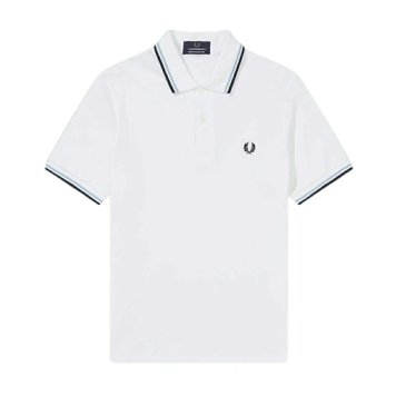 フレッドペリー FRED PERRY ポロシャツ ボックスフィット 刺しゅう ロゴ コットン ピケ 半袖 ライン カジュアル ストリート M12 300 メンズ ホワイト+ネイビー