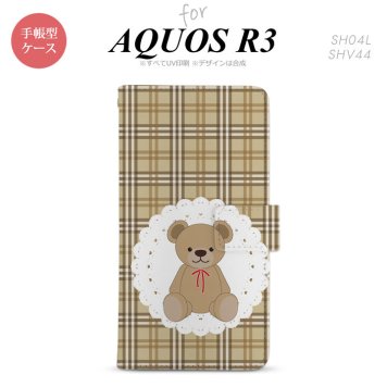 SH-04L/SHV44 AQUOS R3 手帳型スマホケース カバー くま チェック レース 茶  nk-004s-r3-dr753