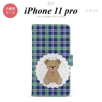 iPhone11Pro iPhone11 Pro 手帳型スマホケース カバー くま チェック レース 青  nk-004s-i11p-dr758
