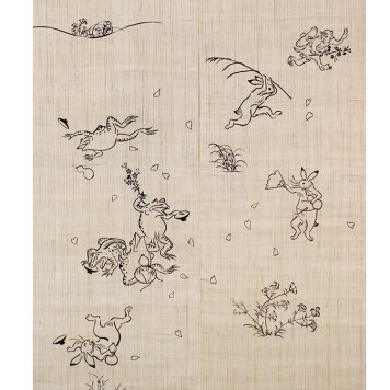 暖簾 のれん 麻100％ 鳥獣戯画のれん 宴 UN-H-389　88×150cm 日本製  のれん パーテーション　カーテン間仕切りロング 夏麻 おしゃれ 目隠し