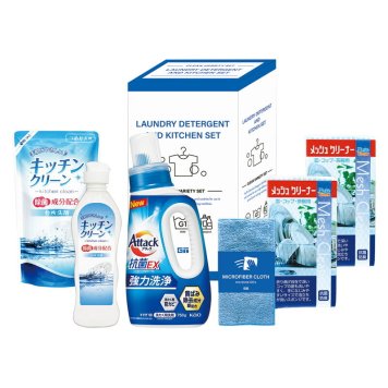 夏の贈り物お中元 アタック&バラエティセット メッシュクリーナー（中国）×2、花王アタック抗菌EX本体（750g）･キッチンクリーン（250ml）･キッチンクリーン詰替用（200ml）･マイクロファイバークロス（中国）（20×20cm）×各1