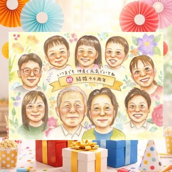 結婚記念日のプレゼントに、贈った後の反応までうれしい似顔絵です。 似顔絵 結婚記念日 贈り物 プレゼント 手描き ギフト 名入れ 結婚記念日 周年記念 結婚10周年 記念 お祝い 金婚式 結婚30周年 大人数 家族 夫婦 ご両親 名入れ 修正無料 下書き確認 宝物 かわいい サプライズ 親孝行 結婚記念日 宝物 感謝 一生もの 記念日 長寿祝い ブライダルギフト 二次会 ウェディングギフト