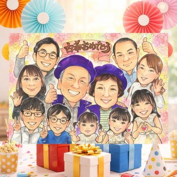 誕生日の記念に、思い出を鮮やかに残す似顔絵。 プレゼント 似顔絵 古希祝い 贈り物 名入れ ギフト 手描き 誕生日 敬老の日 記念日 長寿 お祝い 大人数 祖父母 家族 ご両親 名入れ 修正無料 下書き確認 かわいい サプライズ そっくり 喜ばれる 70歳 宝物 傘寿 古希祝い ホワイトデー 引っ越し 色紙 ハロウィン 傘寿祝い メモリアルギフト 百寿祝い バレンタインデー 結婚祝い おしゃれ