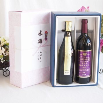 感謝の贈り物ボックス 贅沢な日本酒原酒しぼりたてと国産ワインセット(樽熟成松本メルロ赤ワイン フルボディ(山梨県)750ml金鯱 しぼっとる純米吟醸原酒(愛知県)720ml