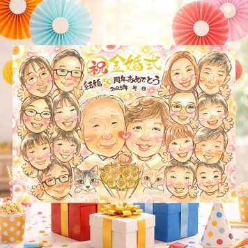 金婚式のギフトに、言葉だけでは伝えきれない想いを、似顔絵に込めて。下書き確認ができるので、安心して贈れます。 ギフト 金婚式 似顔絵 手描き プレゼント 名入れ 贈り物 金婚式 銀婚式 結婚記念日 大人数 おじいちゃん おばあちゃん 夫婦 家族 祖母 修正無料 下書き確認 名入れ サプライズ 宝物 喜ばれる 似てる 感謝 結婚記念日 長寿 50周年 親孝行 おしゃれ 卒寿祝い ブライダルギフト