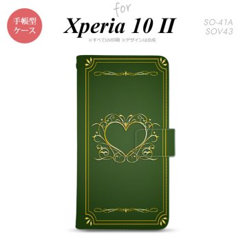 Xperia10 II 手帳型 スマホケース 全面印刷 おしゃれ ストラップホール有り ハート 飾り 緑 金 nk-004s-xp102-dr616