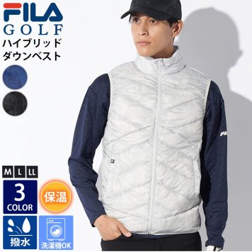 FILA GOLF フィラゴルフ ゴルフウェア ハイブリッド ダウンベスト メンズ 秋冬 ウォッシャブル 撥水 防水 中綿 防寒 保温 高機能 天然ダウン アウター フルジップアップ チョッキ スポーツブランド ロゴ 刺繍 白 黒 2024FW outfit