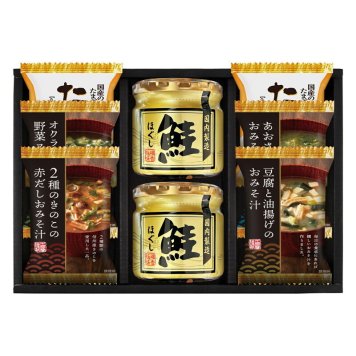 実りの秋の贈り物 海味彩 フリーズドライ&鮭ほぐし バラエティセット セット内容/たまごスープ（6.4g）･鮭ほぐし（50g）×各2、とうふと油揚げのおみそ汁･2種のきのこの赤だしおみそ汁･あおさとわかめのおみそ汁･オクラ入ねばねば野菜スープ×各1