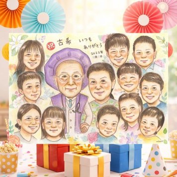誕生日の記念に、気持ちが伝わる似顔絵をお届けします。 プレゼント 似顔絵 古希 贈り物 ギフト 手描き 名入れ 誕生日 記念日 長寿 敬老の日 お祝い 大人数 祖父母 ご両親 家族 名入れ 下書き確認 修正無料 サプライズ 一生もの 親孝行 実績多数 宝物 傘寿 70歳 古希祝い 感動 クリスマス カラフル お祝い返し 節目 卒寿祝い 傘寿祝い オーダーメイド 感謝 イラスト オリジナル 引っ越し
