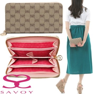 SAVOY サボイ 長財布 ラウンドファスナー ベージュ・ピンク プレミアムライン 
