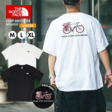 ノースフェイス Tシャツ メンズ レディース 半袖 涼しい コットン 綿 ラウンドネック ロゴ グラフィック プリント ブラック ホワイト 黒 白 アウトドア バイク NF0A89U8 CAMP BIKE
