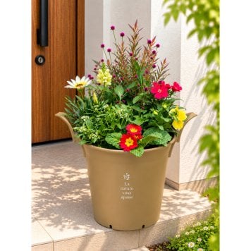 季節の寄せ植え La nature ハンドリーポット 内径24cm （シナモン・4色展開）６～7種類のお花で構成 鉢植え ラッピング不可 ギフトメッセージOK