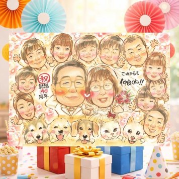 ルビー婚式の記念に、あたたかなタッチで、気持ちまで伝わる一枚に。大切なお祝いにも安心してご注文いただけます。 結婚記念日 似顔絵 贈り物 プレゼント ギフト 手描き 名入れ ルビー婚式 金婚式 結婚記念日 大人数 家族 両親 夫婦 下書き確認 修正無料 名入れ 親孝行 似てる 一生もの 喜ばれる 感謝 結婚40周年 記念日 ルビー婚式 親孝行 贈答品 ハロウィン 披露宴 応援 二次会 同窓会