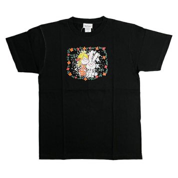 水森亜土 ウサギ＆ガール 半袖Tシャツ(M) ブラック アパレル