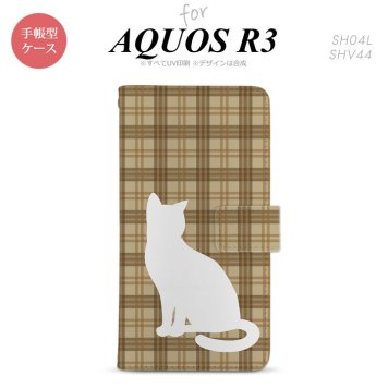 SH-04L/SHV44 AQUOS R3 手帳型スマホケース カバー 猫 チェック 茶  nk-004s-r3-dr956