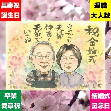 似顔絵 金婚式 贈り物 ギフト 名入れ プレゼント 手描き 金婚式 結婚50周年 記念日 結婚記念日 お祝い 祖父母 家族 お父さん 夫婦 お母さん 両親 名入れ 修正無料 下書き確認 実績多数 宝物 似てる 親孝行 感謝 50周年 思い出 長寿 サプライズ 色紙 古希祝い 大人数 大量注文 闘病中の方への励まし 感謝の品 引っ越し バレンタインデー 披露宴