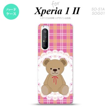 Xperia 1 II 5G スマホケース 背面カバー ストラップホール有り ハードケース くま チェック レース ピンク ストラップホール おしゃれ かわいい かっこいい メンズ レディース nk-xp12-756